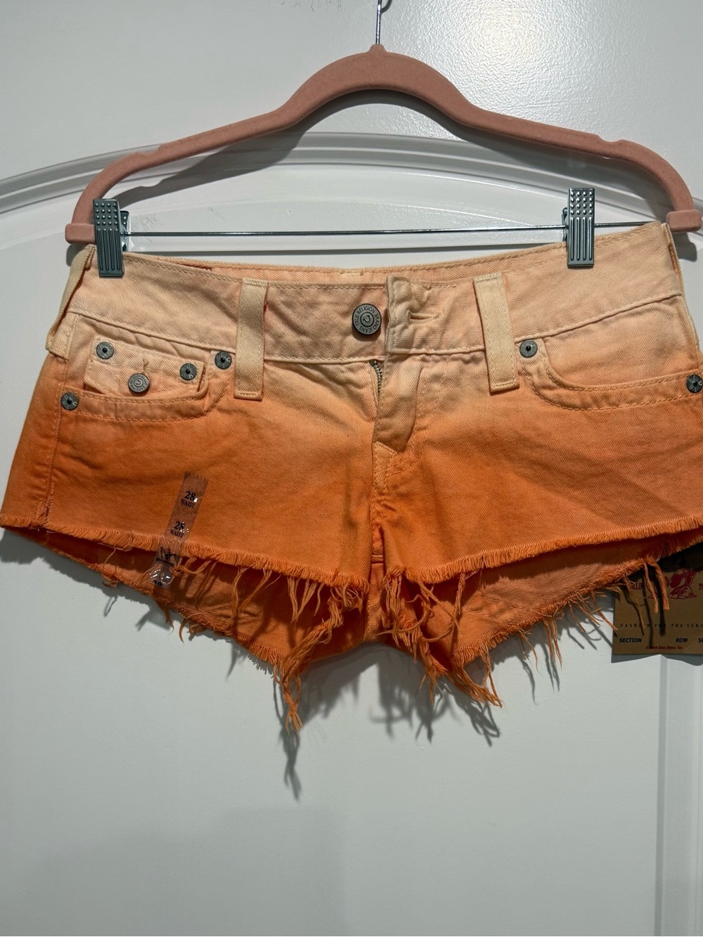 True Religion Ombre Orange Frayed Denim Cutoff Shorts
